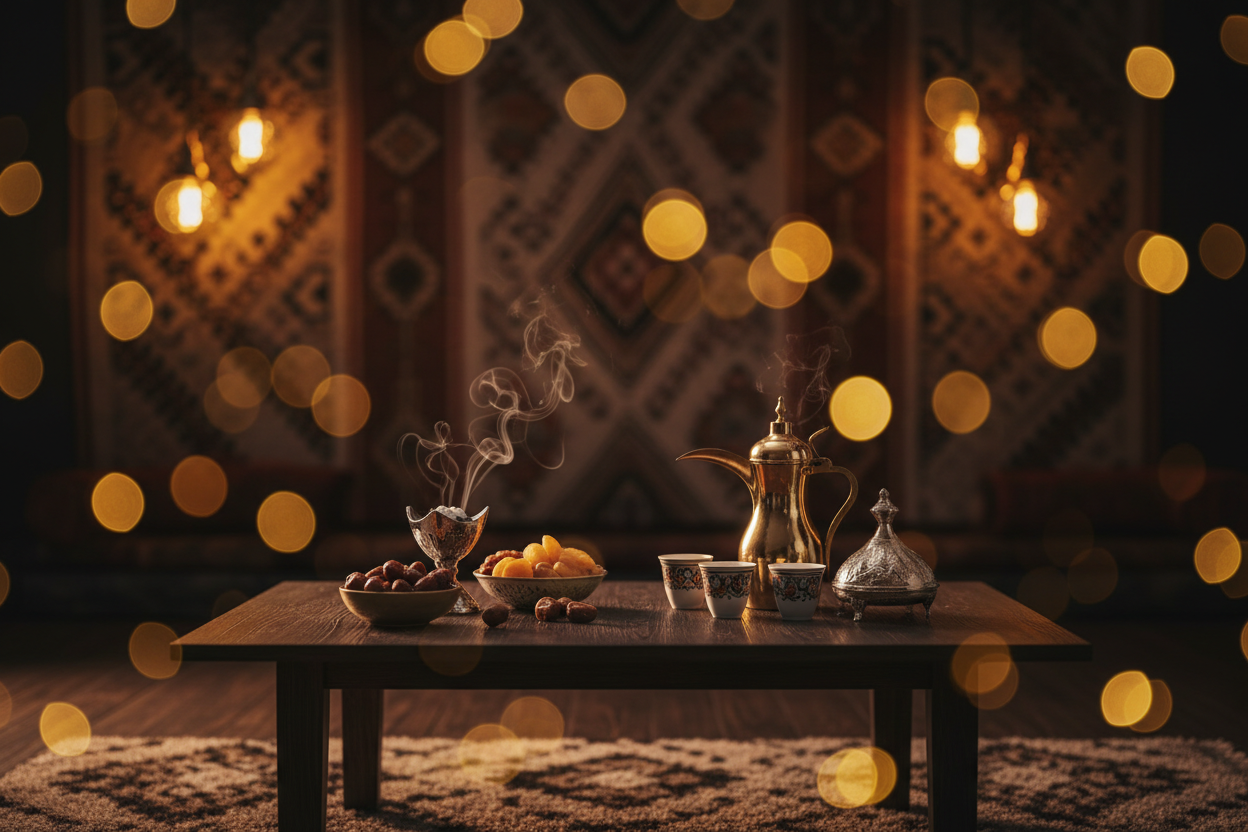 Luxurious dark interior background, blurred traditional Sadu fabric texture in the background but modernized, warm mood lighting, bokeh effect, dark wood surface table, elegant Saudi hospitality atmosphere, depth of field, premium look.